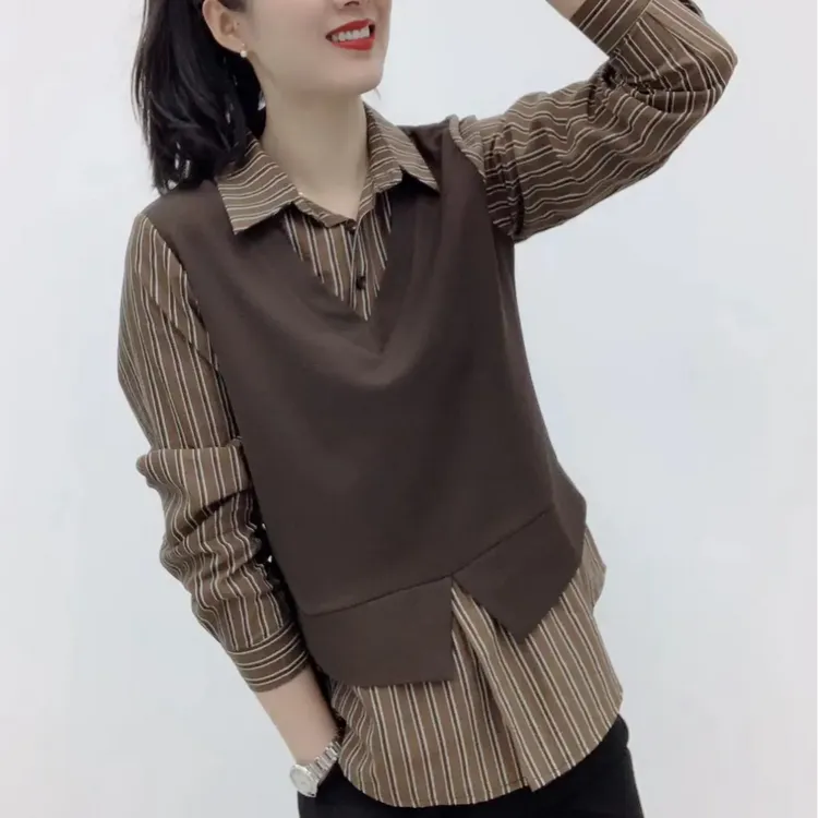 2025春季新款百搭减龄拼接假两件显瘦洋气polo领长袖衬衫女装