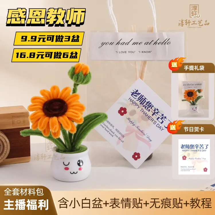 【主播福利送手提袋+贺卡】向日葵小盆栽教师节礼物~扭扭棒材料包