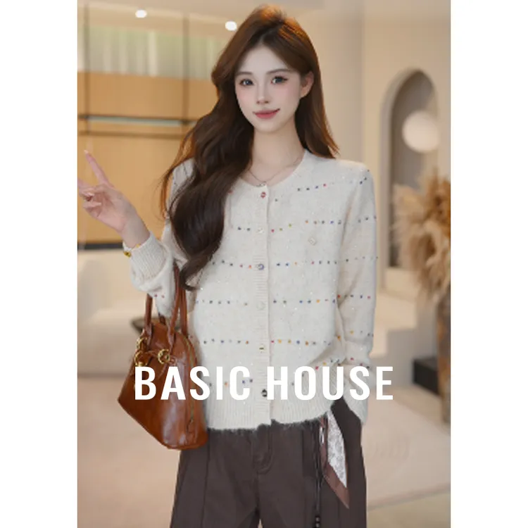 Basic House/百家好秋季新款条纹显瘦圆领针织开衫B1195B52B12