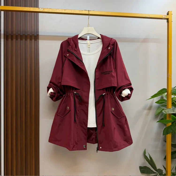 新款大码女装时尚休闲字母图案抽腰显瘦百搭连帽风衣外套