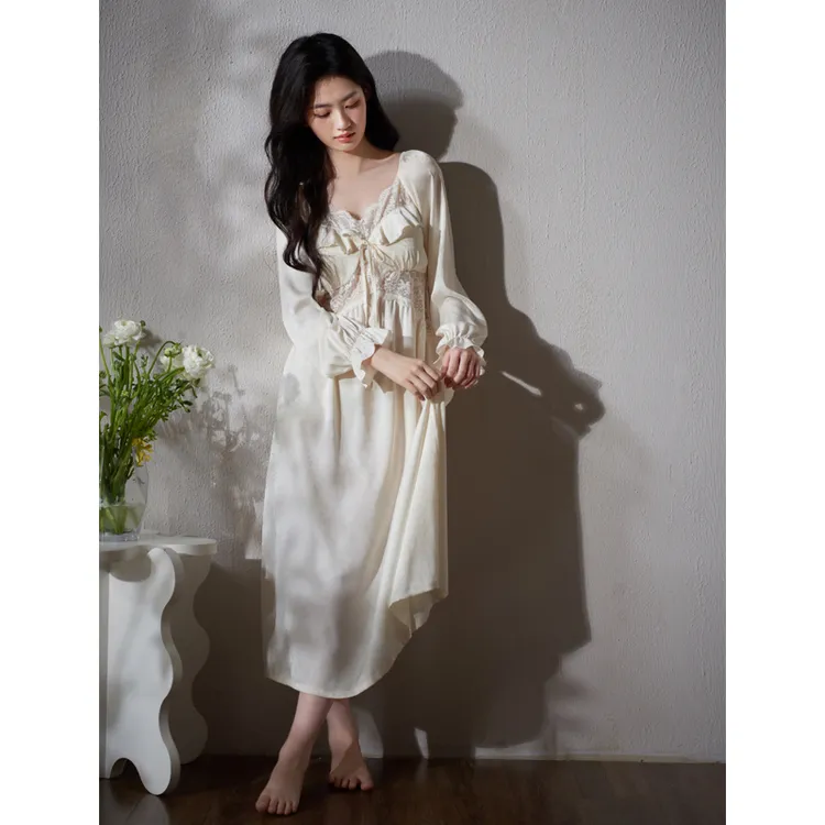 纯欲风带胸垫高级感冰丝提花长袖显瘦蕾丝若隐若现性感睡裙家居服