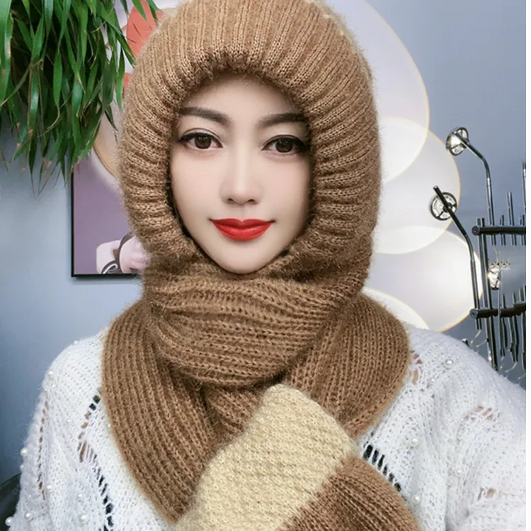 新款双拼针织百搭松鼠绒围巾一体风雪帽加绒毛线帽可扣护耳针织帽