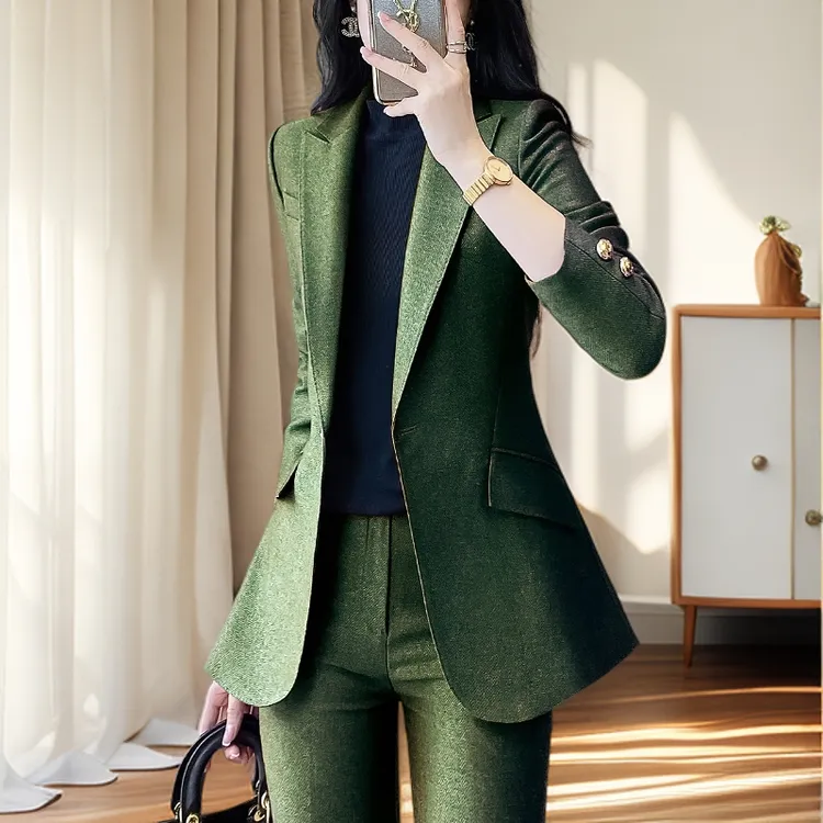 西装外套女绿色设计感小众收腰西服高级感通勤职场高级感正装洋气