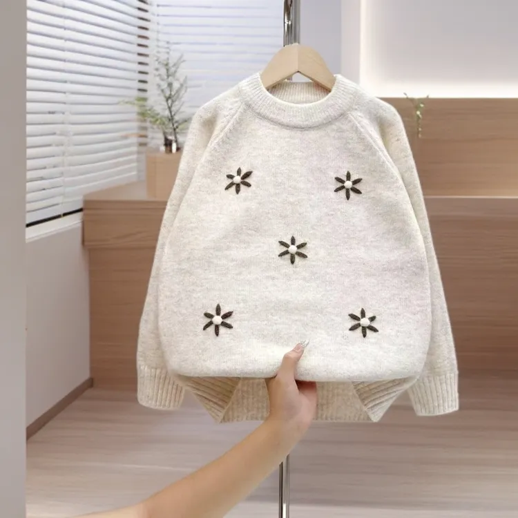 女童圆领针织衫中大童加厚加绒套头毛衣2025新款秋冬时尚洋气上衣