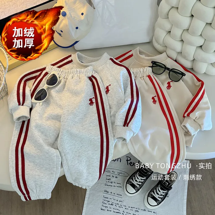 男女童同款儿童亲子刺绣加绒卫衣套装两件套2025春季新款舒适潮流