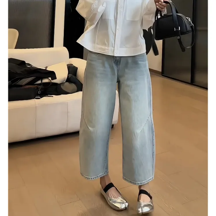 浅色百搭弯刀牛仔裤女春季显瘦九分阔腿裤