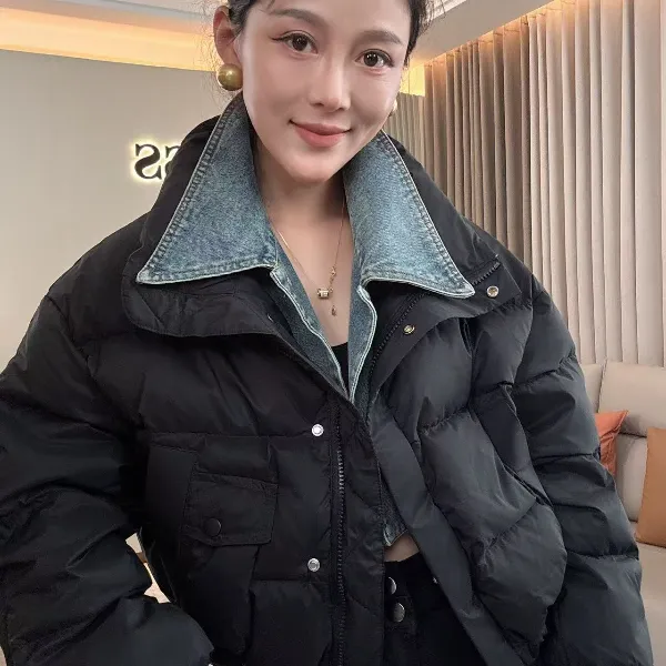 【耿老板2023#M】欧版牛仔领时尚休闲精致小短款白鸭绒女羽绒服