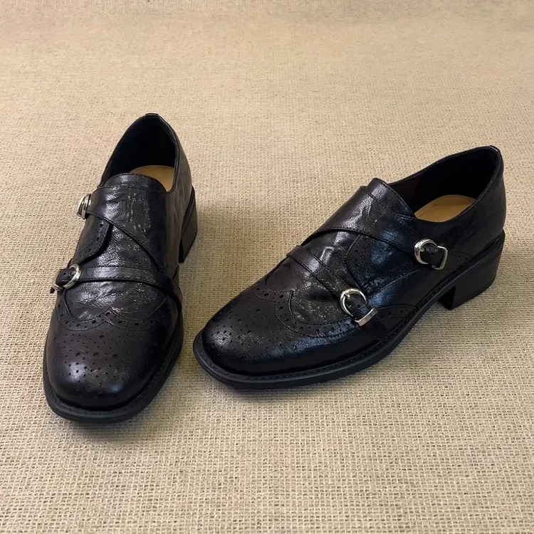 RubyL/3.5cm复古英伦风布洛克皮带扣一脚蹬百搭圆头粗跟单鞋女款