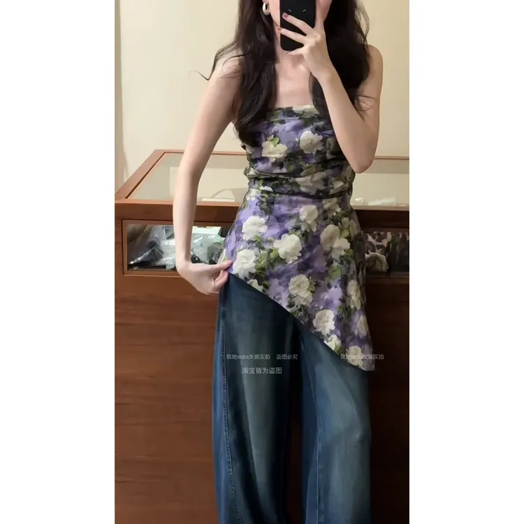 parkyeon夏季新款不规则抹胸上衣设计感气质高腰阔腿牛仔裤套装女