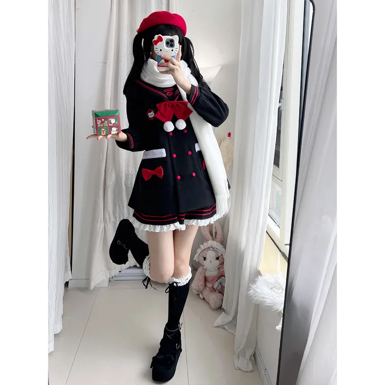 妙也可原创加厚抗风校供感可爱风学生校服毛呢大衣秋冬长袖外套