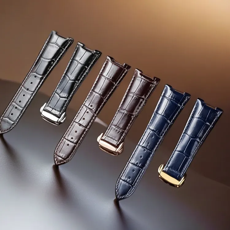 适配欧米茄星座系列131.13真皮表带 折叠扣男女蓝色表带凹口 黑色