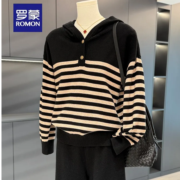 罗蒙休闲妈妈装条纹针织套装女秋冬新款气质百搭中老年毛衣两件套
