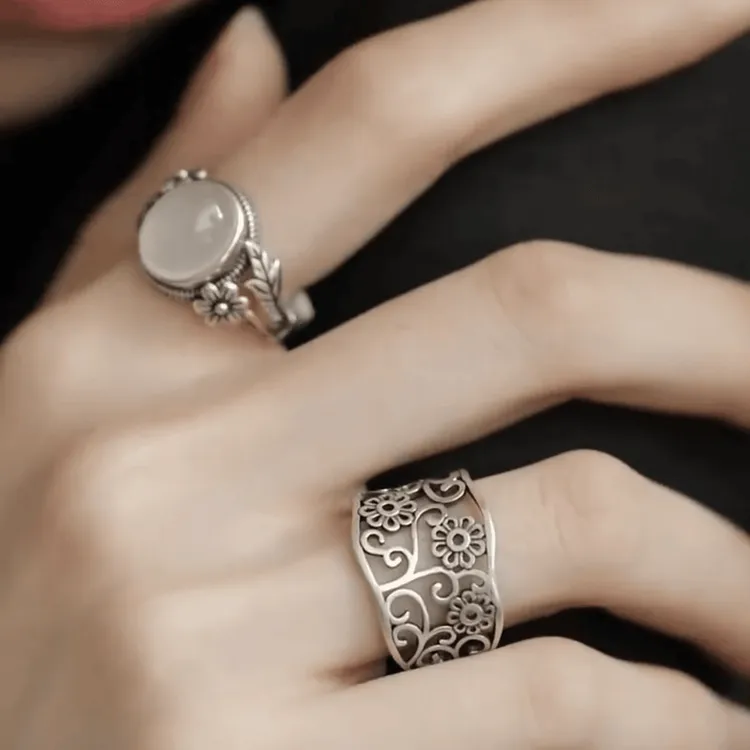 新中式复古花朵枝条戒指女款小众高级感白月光开口可调节轻奢指环