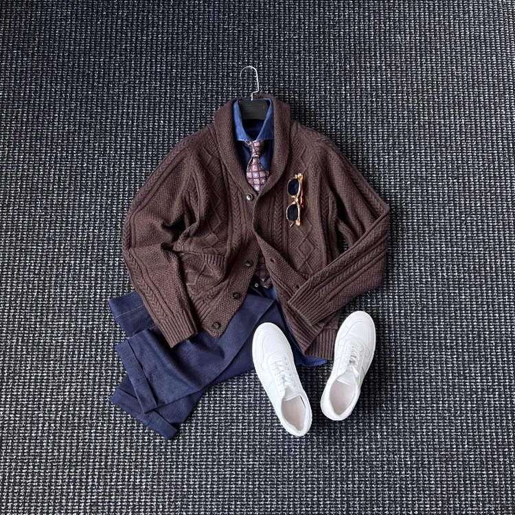 CssuGent冬季厚款高端提花青果领毛衣外套男绅装通勤休闲保暖毛衣