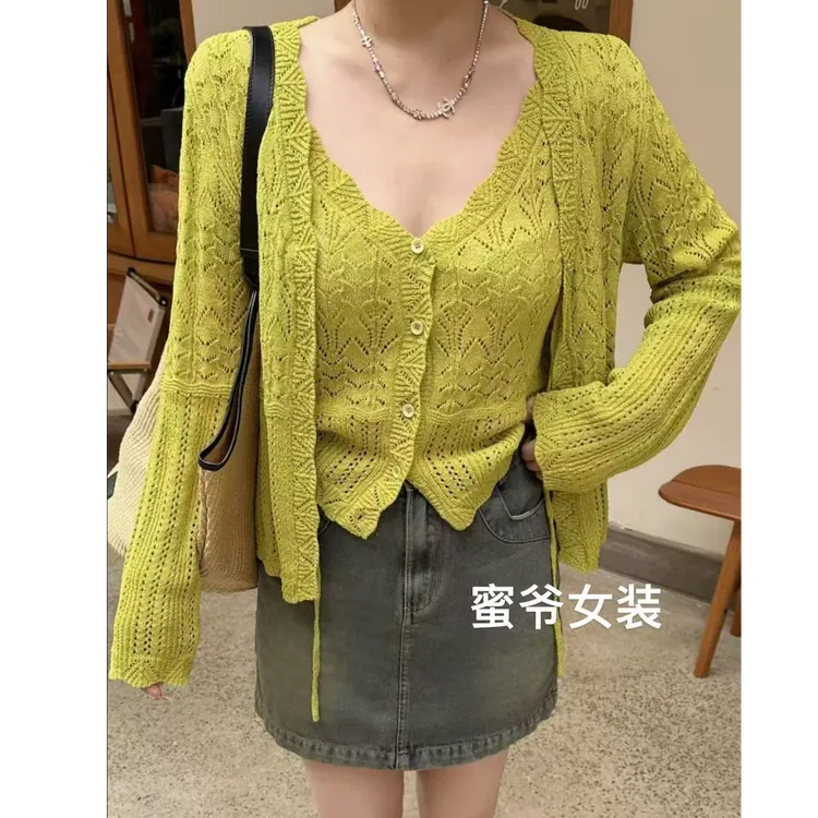 【蜜爷家】秋款镂空提花v领针织背心两件套5109#
