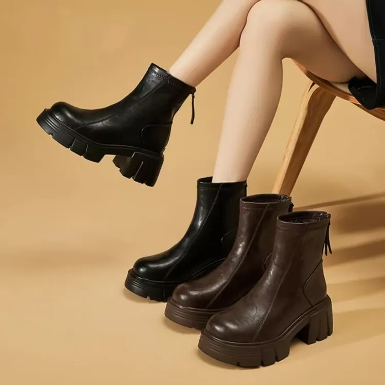 增高6公分厚底显高时尚短靴防水防滑小个子秋冬新款百搭厚底圆头