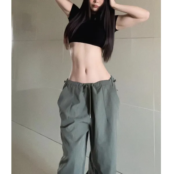 【汪酱专属】复古抽绳休闲裤女夏宽松百搭直筒工装裤低腰阔腿拖地裤