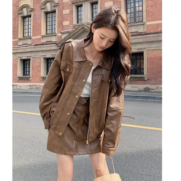 Y1525#美拉德穿搭皮衣外套2025新款早秋穿搭一整套复古半身裙套装