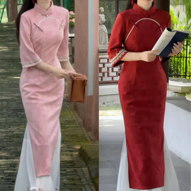 俏娘鱼旗袍新中式粉色素雅倒大袖女2025秋日常可穿麂皮绒改良新款