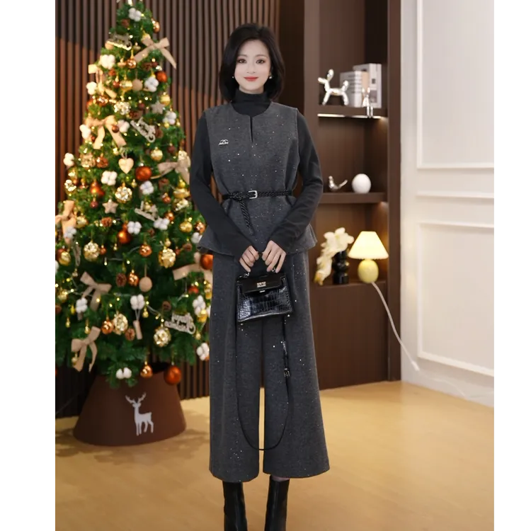 高级感T恤胸针亮片毛呢马甲+阔腿裤皮质系带洋气四件套#W02
