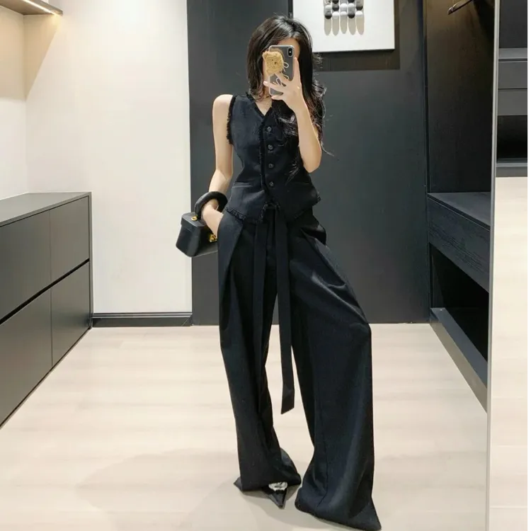2025春季新款时尚套装气质显瘦洋气休闲百搭性感马甲上衣宽松长裤