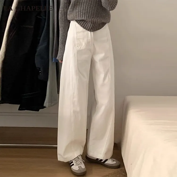 拉夏贝尔牛仔裤女2025春夏新款高腰垂感宽松显瘦直筒弯刀阔腿裤子