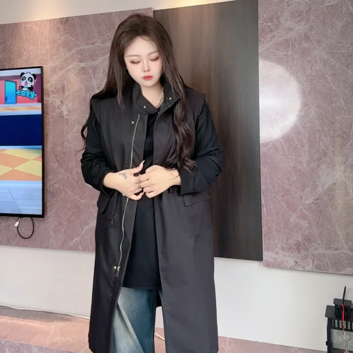 胖MM大码复古韩系立领长款工装马甲女秋冬季慵懒风衣外套2512
