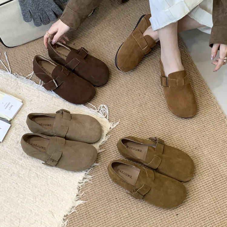 ZHX-388-3晚晚风真皮牛皮驼色丑萌勃肯鞋一脚蹬软底孕妇奶奶单鞋