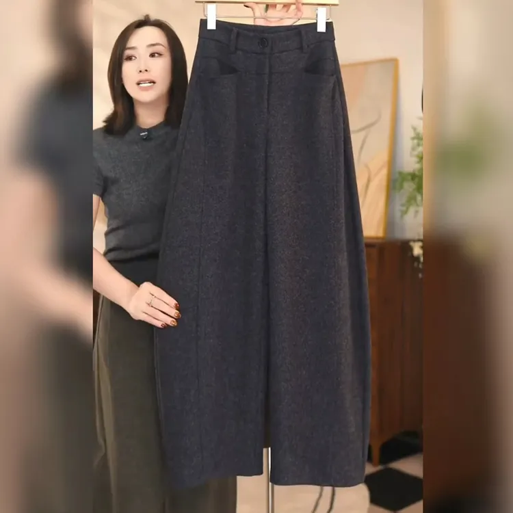 加绒加厚保暖毛呢阔腿裤女冬季新款高腰宽松显瘦百搭休闲弯刀裤子