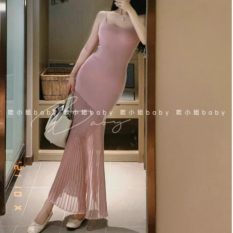 纯欲气质吊带设计感针织拼接微透修身长裙显白鱼尾海边度假连衣裙