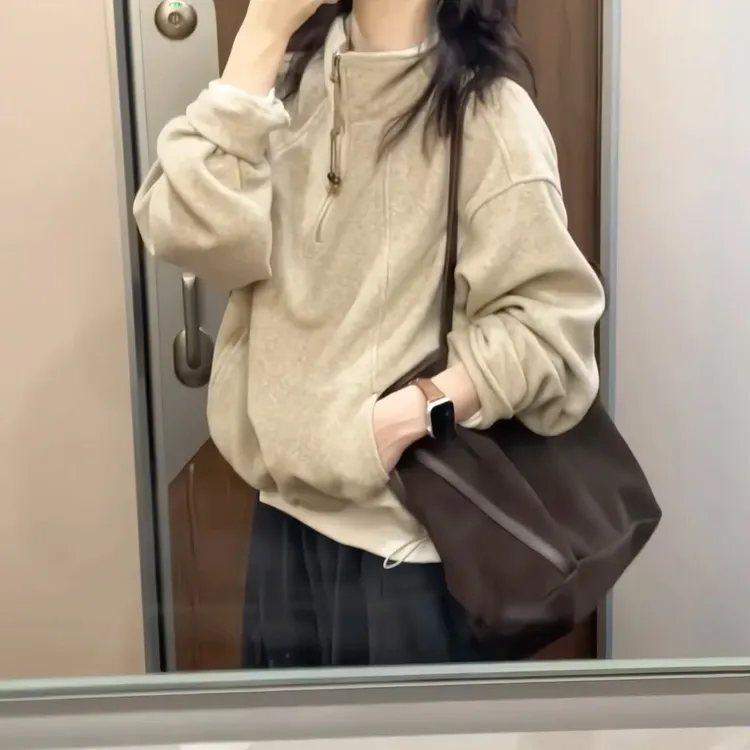 秋冬高级感立领半拉链卫衣女2025新款秋冬加厚巨好看的燕麦色上衣