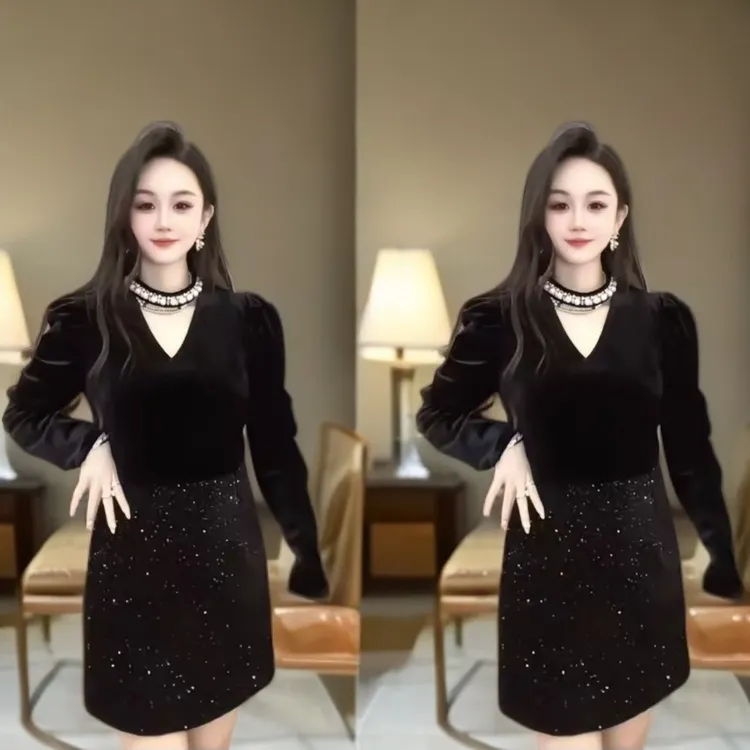 2025冬季新款高级感女神丝绒百搭显瘦亮片连衣裙女顶珠镂空裙子