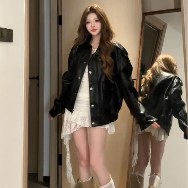 纯欲辣妹套装女早秋季2025新款韩系黑色皮衣外套吊带上衣半身裙子