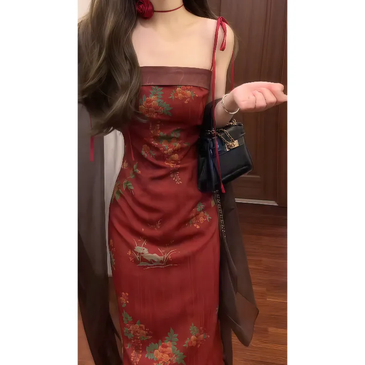 新中式国风提花抹胸吊带改良旗袍连衣裙风情女人味气质长裙9431