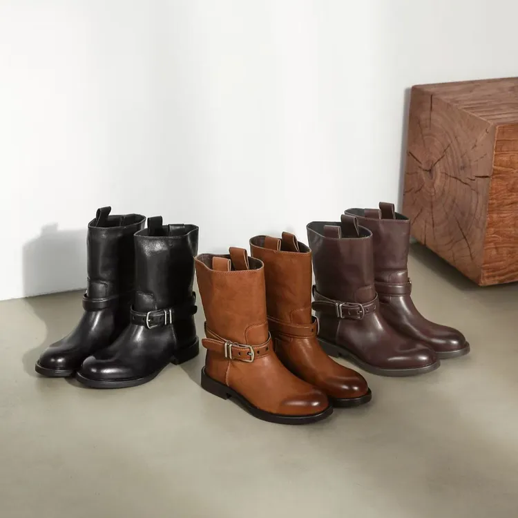 Tudvi/图迪唯图迪唯2025秋冬新款真皮黑色百搭胎牛皮爆款短靴靴子