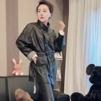 【薇语莎】秋季新款时尚百搭休闲洗水定制绑绳皮衣