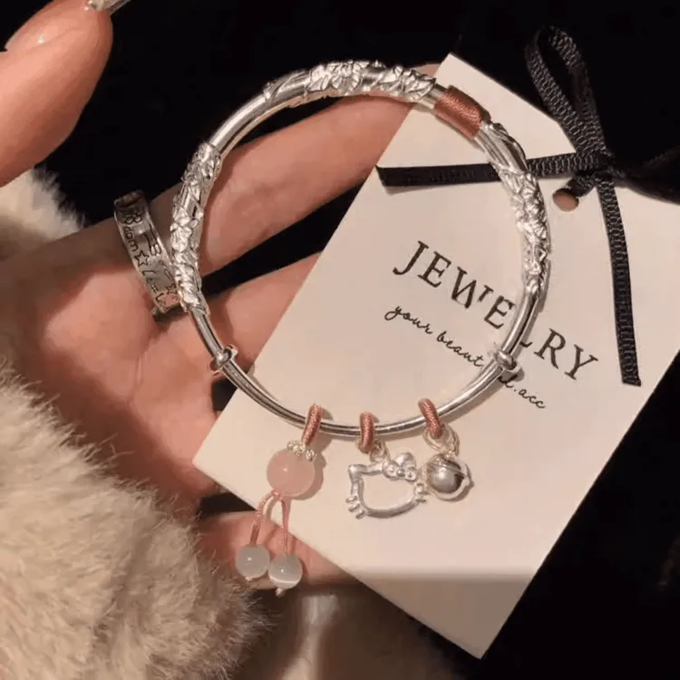 足银手镯 繁花KT猫手镯纯银999小众女生hellokitty送女友礼物