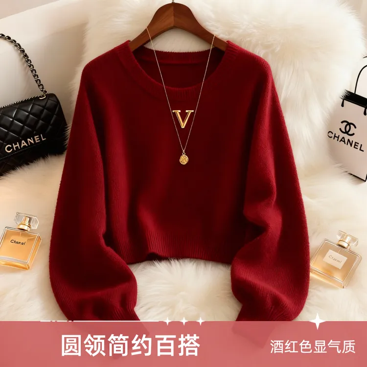今年流行的时髦小众红色毛针织衫秋冬季厚款宽松减龄时尚气质上衣