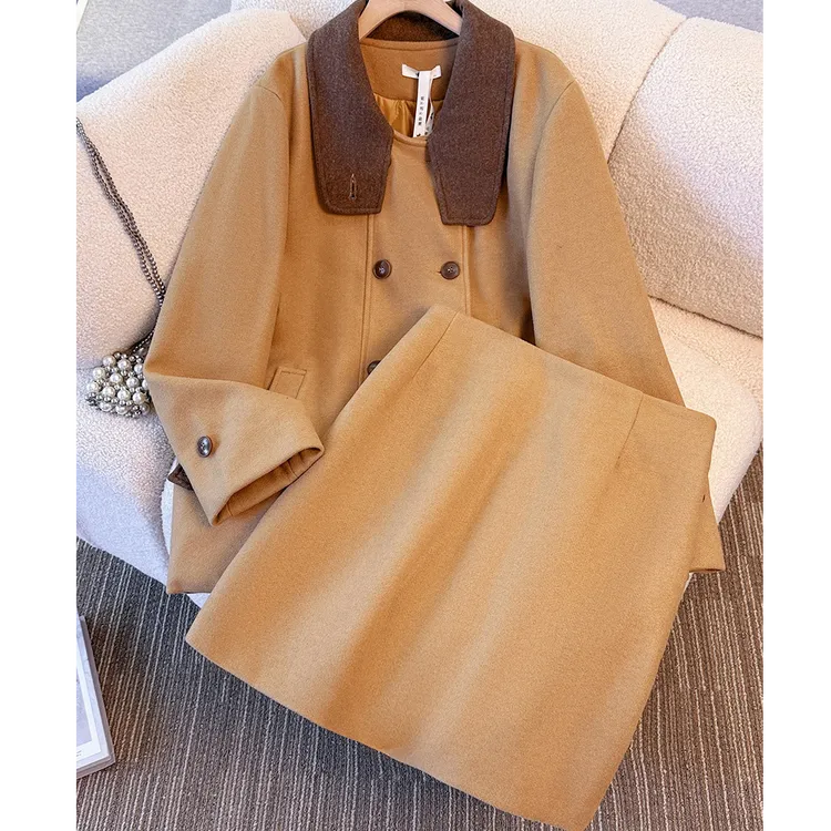 YH-10137大码女装胖mm冬季新款夹棉韩版时尚毛呢外套半身裙套装