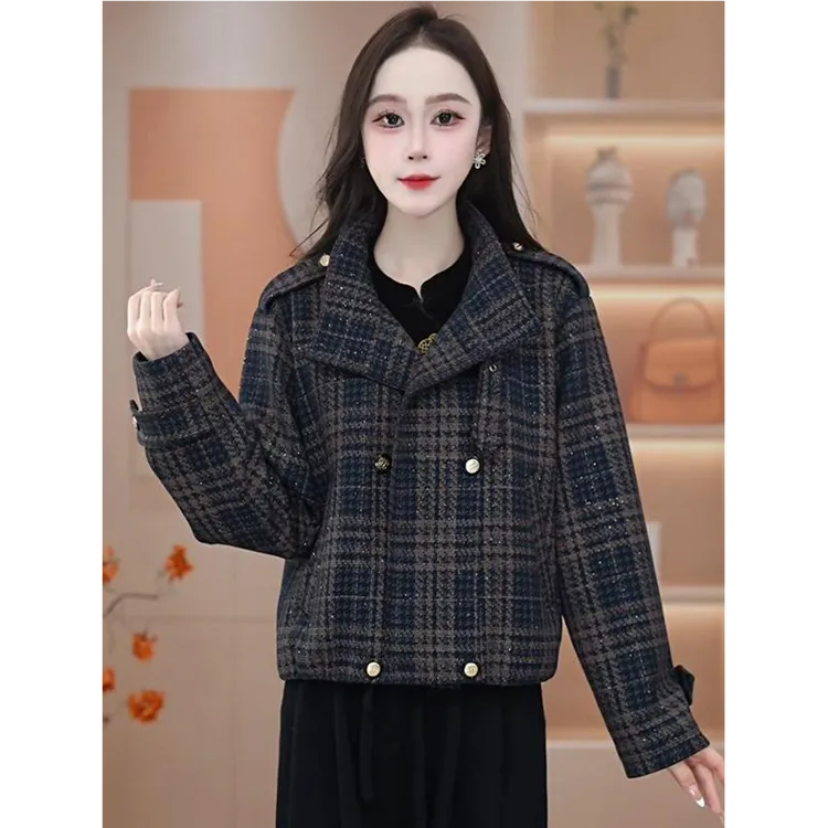 时尚洋气质短款毛呢料外套女2025春秋新款翻领复古格纹双排扣上衣