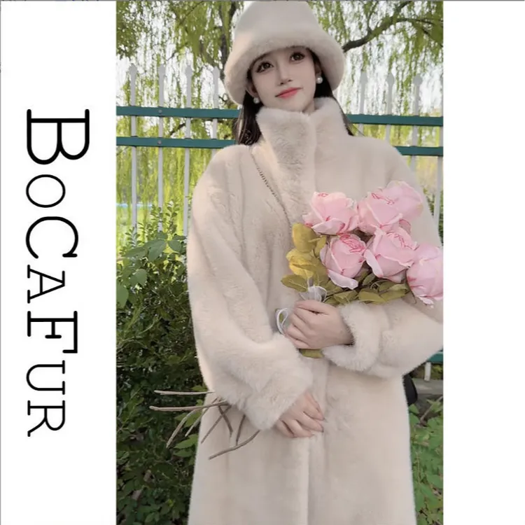 柏卡芙海宁2025冬装新款毛毛外套立领女长款毛毛大衣时尚气质女装