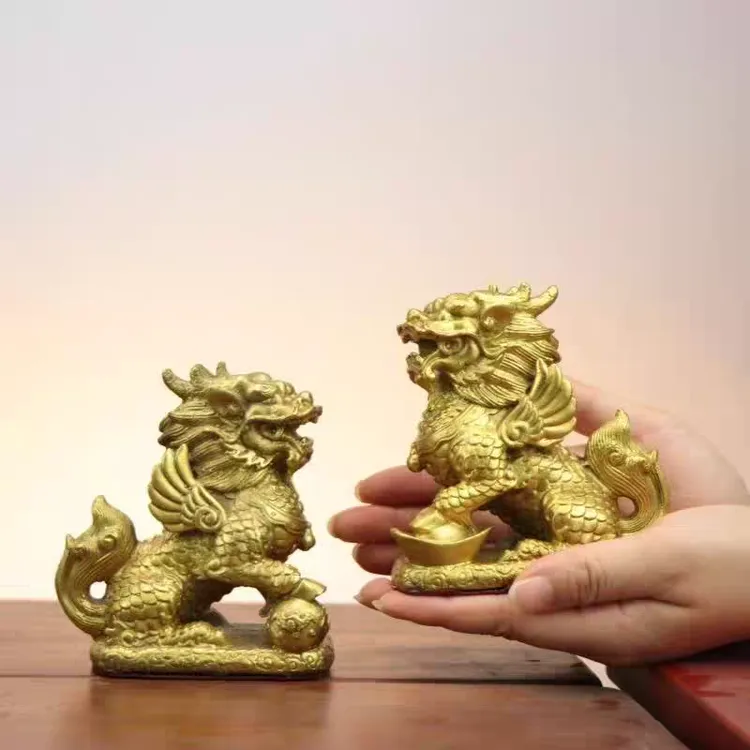 170纯黄铜厂家批发 财福麒麟摆件一对 工艺品摆件 客厅办公室店铺