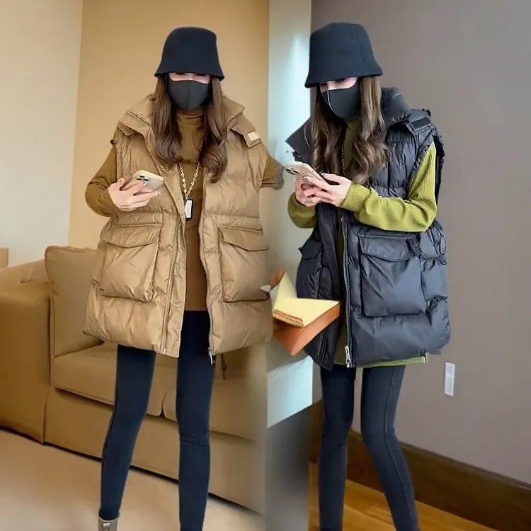 欧货2023新款秋冬连帽宽松棉马甲女韩版外穿背心时尚坎肩马夹外套