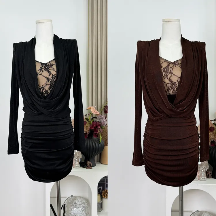 法式御姐风蕾丝拼接荡领连衣裙女秋季新款高级感收腰显瘦包臀短裙