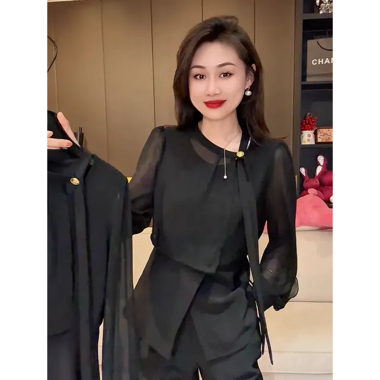 欧韩设计感衬衫套裤女春秋夏新潮衣领飘带长袖上衣长裤显瘦两件套