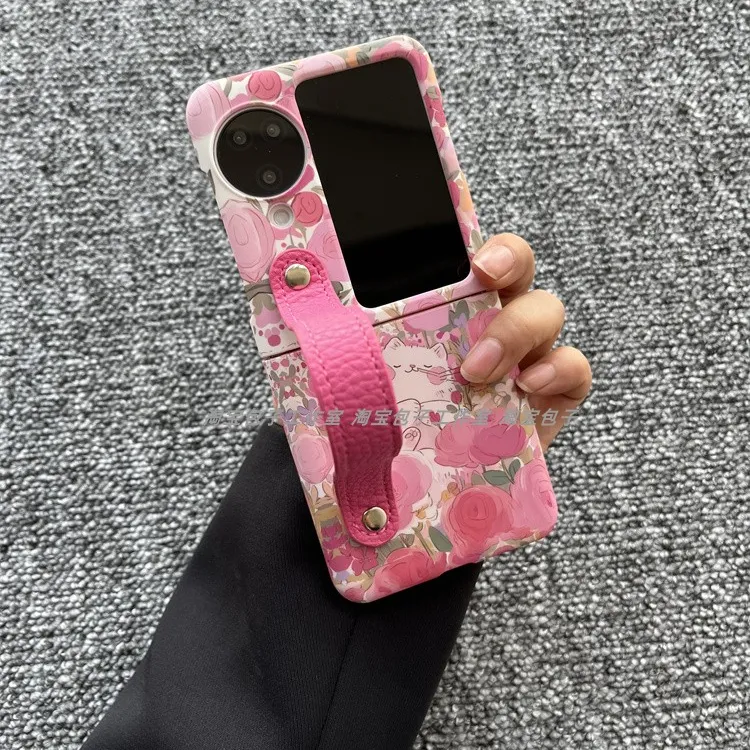 粉色花朵猫咪适用oppofindn3/2flip手机壳华为p50pocket2S折叠屏