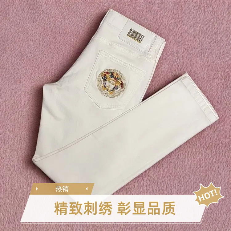 欧货高档四季款白色牛仔裤男款精致刺绣弹力修身小直筒潮流长裤