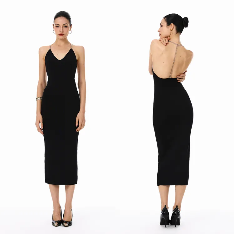 FINDYAWINGS《盖茨比晚宴》修身针织显瘦吊带连衣裙bling链条长裙