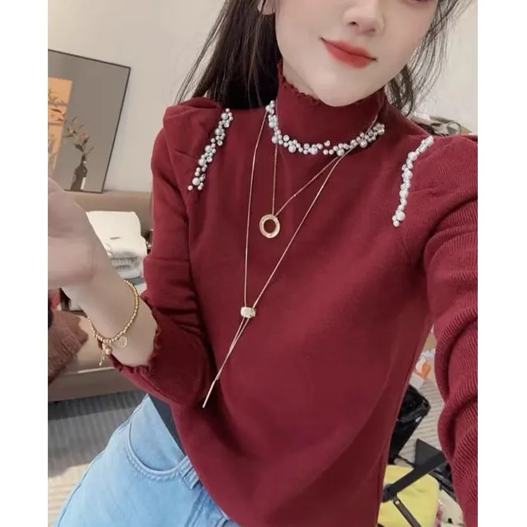 2025韩系新款春季时尚钉珠高领花边带钻新年红长袖针织衫H5-49