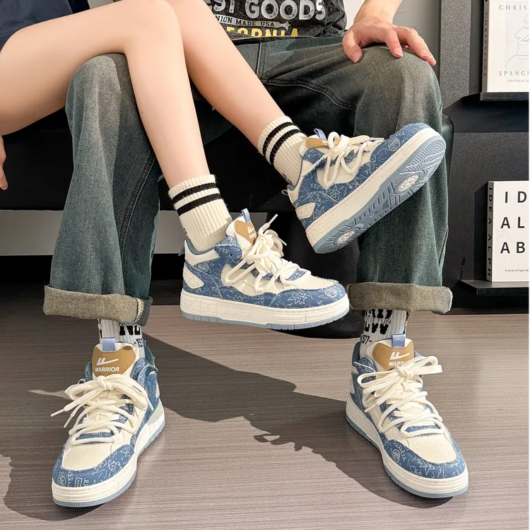回力情侣板鞋男女同款高帮美式复古牛仔蓝休闲运动鞋女爆款鞋子男